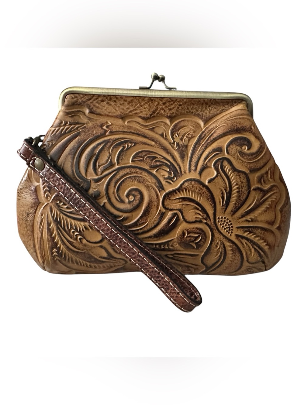 Patricia Nash Savena Wristlet Clutch Boho Western Tooled Kiss-lock Leather Bag - Picture 2 of 13
